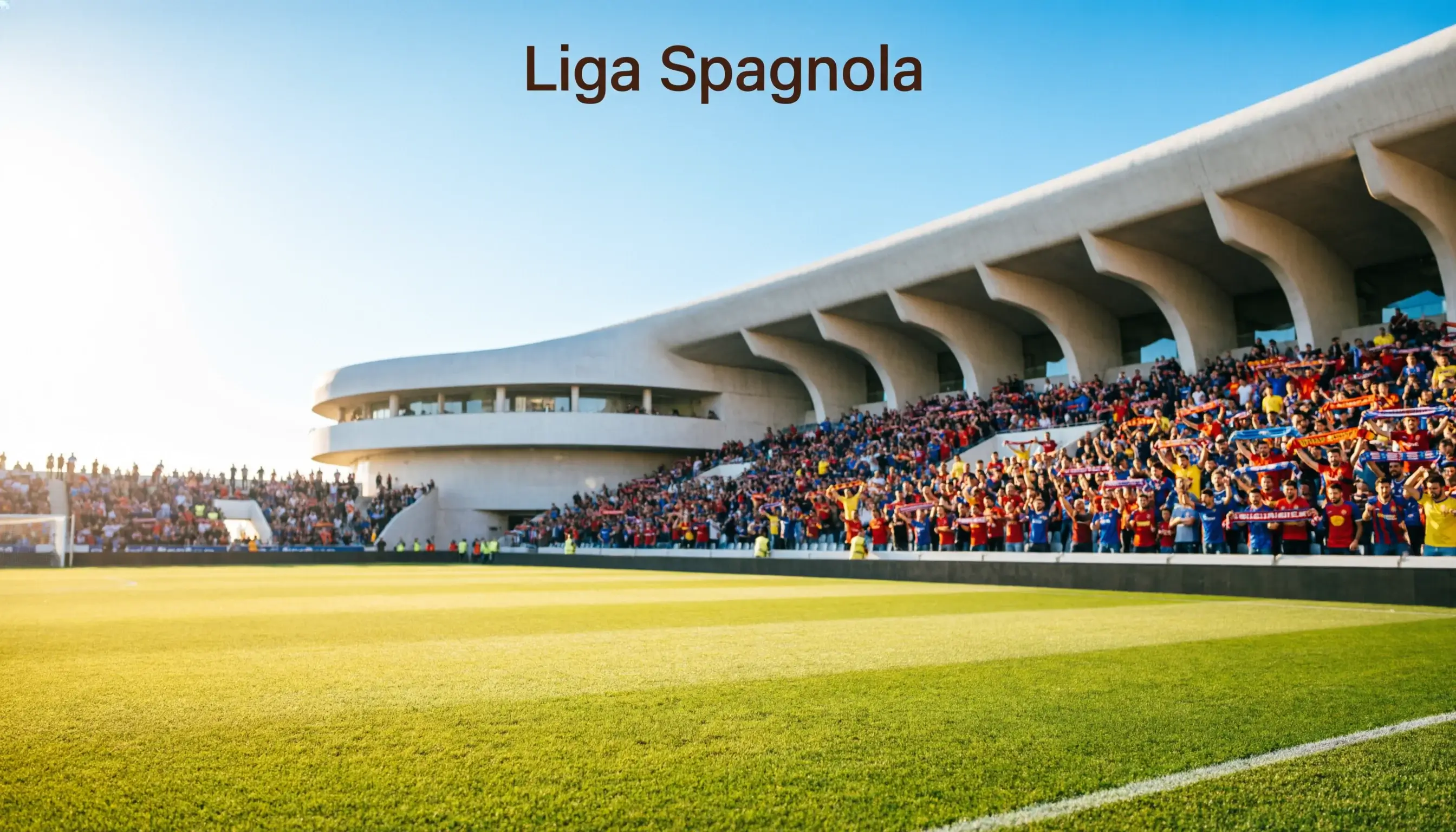 Stadio spagnolo con cielo azzurro e campo da calcio illuminato dal sole mediterraneo